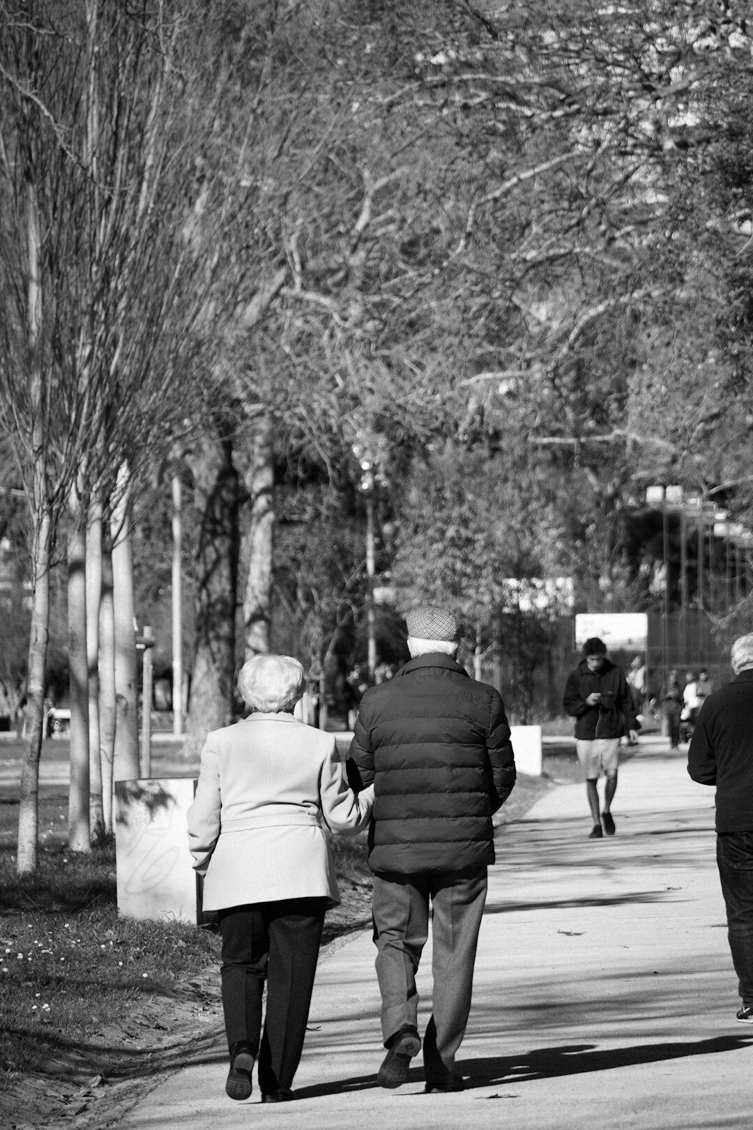 happy elderly couple walking